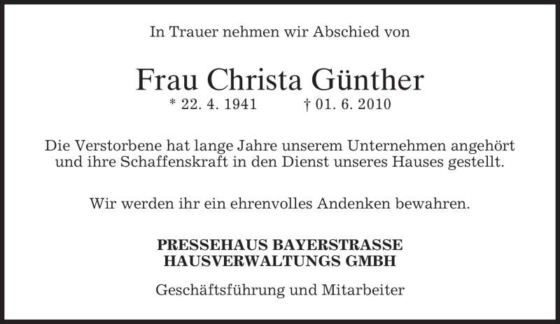 Traueranzeigen von Christa Günther | trauer.merkur.de