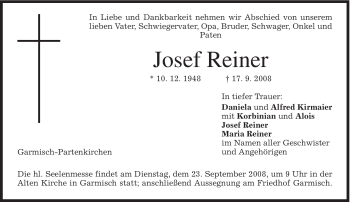 Traueranzeige von Josef Reiner von MERKUR & TZ