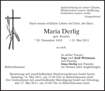 Traueranzeige von Maria Derlig von MERKUR & TZ
