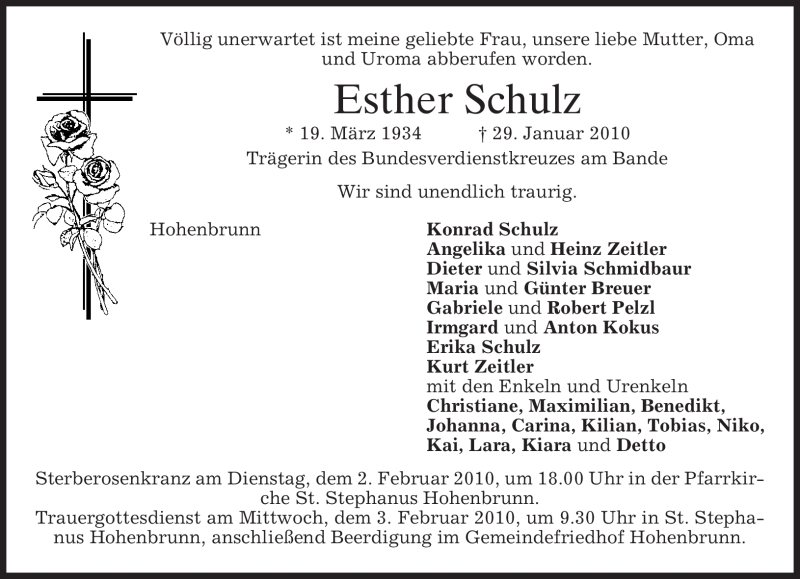  Traueranzeige für Esther Schulz vom 01.02.2010 aus MERKUR & TZ