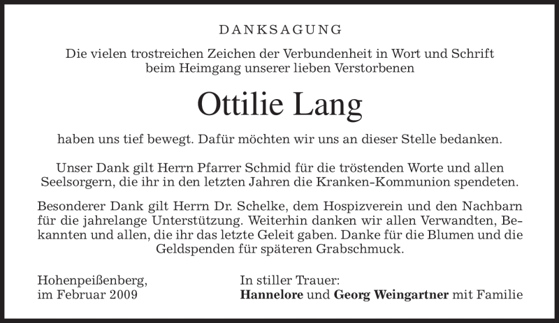  Traueranzeige für Ottilie Lang vom 21.02.2009 aus MERKUR & TZ