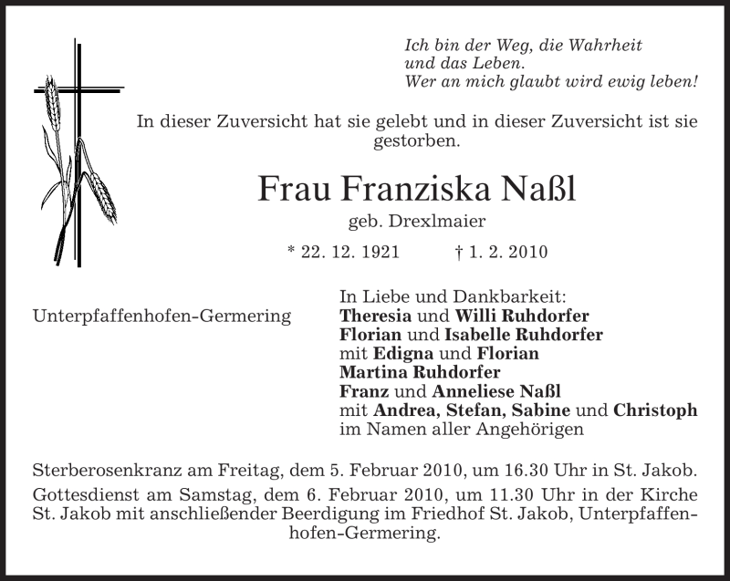  Traueranzeige für Franziska Naßl vom 04.02.2010 aus MERKUR & TZ