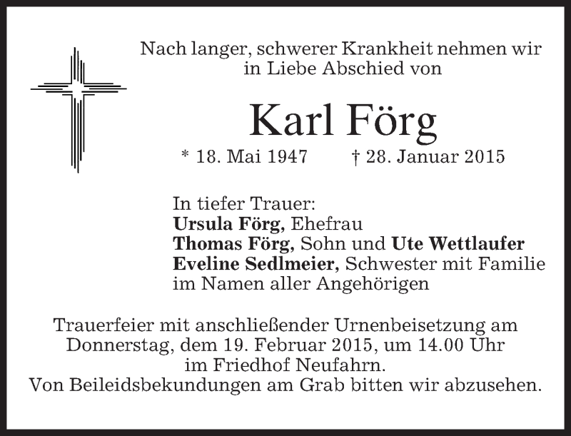  Traueranzeige für Karl Förg vom 17.02.2015 aus merkurtz