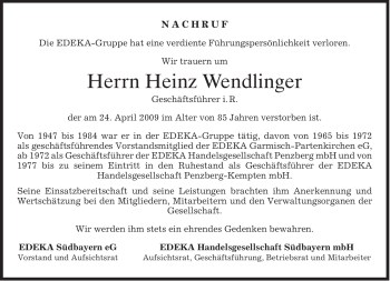 Traueranzeige von Heinz Wendlinger von MERKUR & TZ