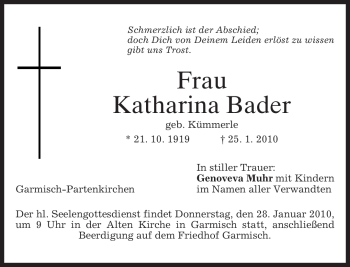 Traueranzeige von Katharina Bader von MERKUR & TZ