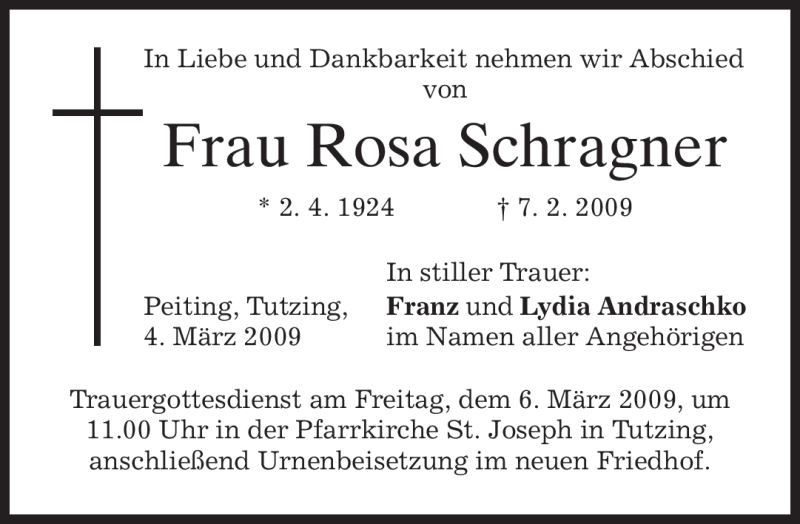  Traueranzeige für Rosa Schragner vom 04.03.2009 aus MERKUR & TZ