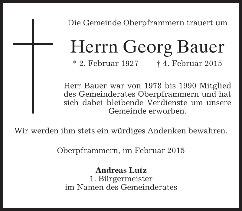  Traueranzeige für Georg Bauer vom 06.02.2015 aus merkurtz