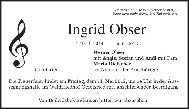  Traueranzeige für Ingrid Obser vom 09.05.2012 aus MERKUR & TZ