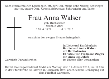 Traueranzeige von Anna Walser von MERKUR & TZ