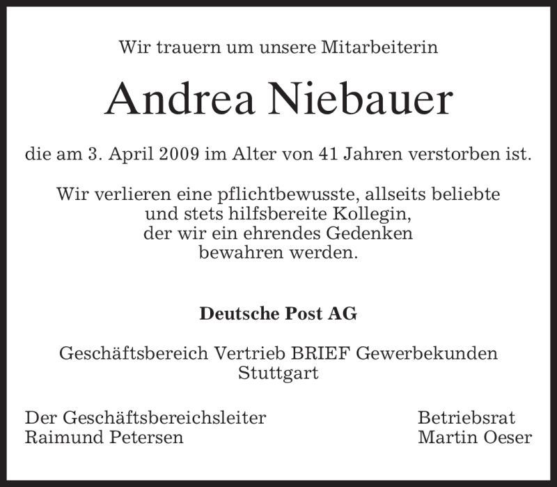  Traueranzeige für Andrea Niebauer vom 07.04.2009 aus MERKUR & TZ