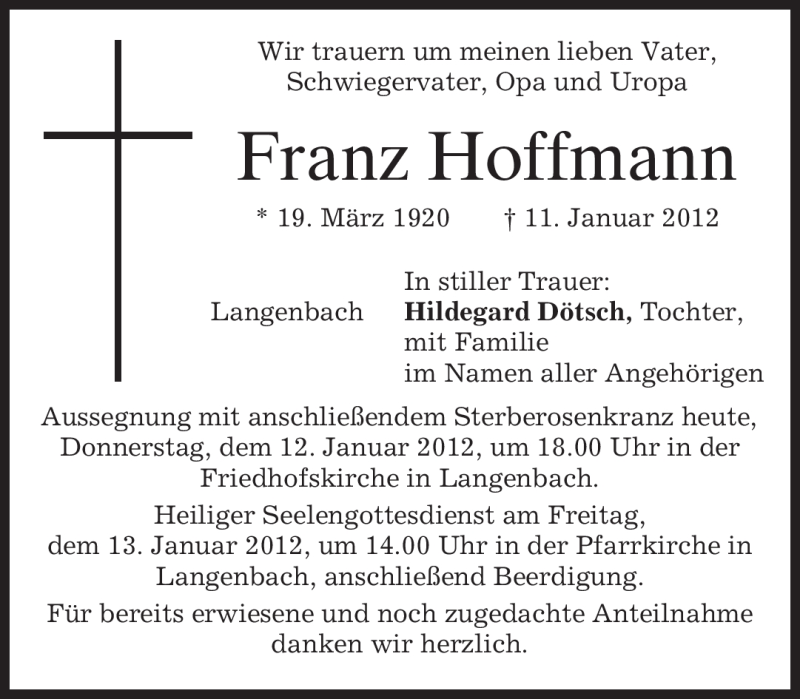  Traueranzeige für Franz Hoffmann vom 12.01.2012 aus MERKUR & TZ