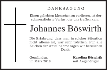 Traueranzeige von Johannes Böswirth von MERKUR & TZ