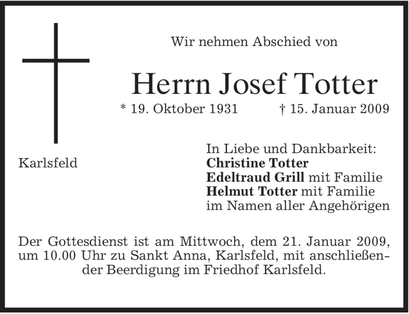  Traueranzeige für Josef Totter vom 17.01.2009 aus MERKUR & TZ