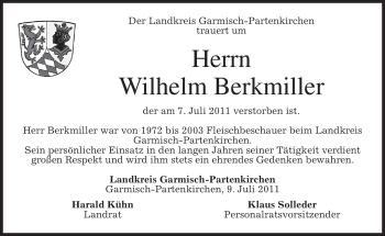 Traueranzeige von Wilhelm Berkmiller von MERKUR & TZ