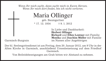 Traueranzeige von Maria Ollinger von MERKUR & TZ