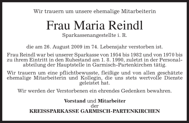  Traueranzeige für Maria Reindl vom 05.09.2009 aus MERKUR & TZ