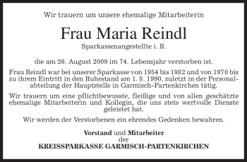 Traueranzeige von Maria Reindl von MERKUR & TZ