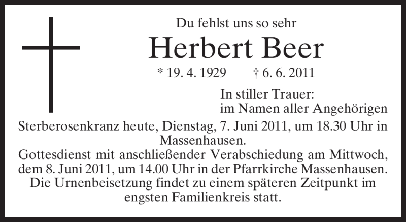  Traueranzeige für Herbert Beer vom 07.06.2011 aus MERKUR & TZ