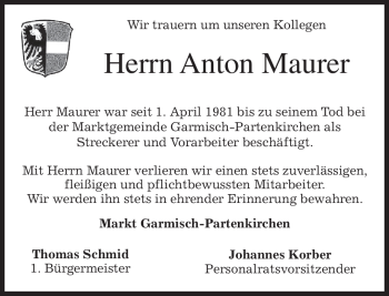 Traueranzeige von Anton Maurer von MERKUR & TZ