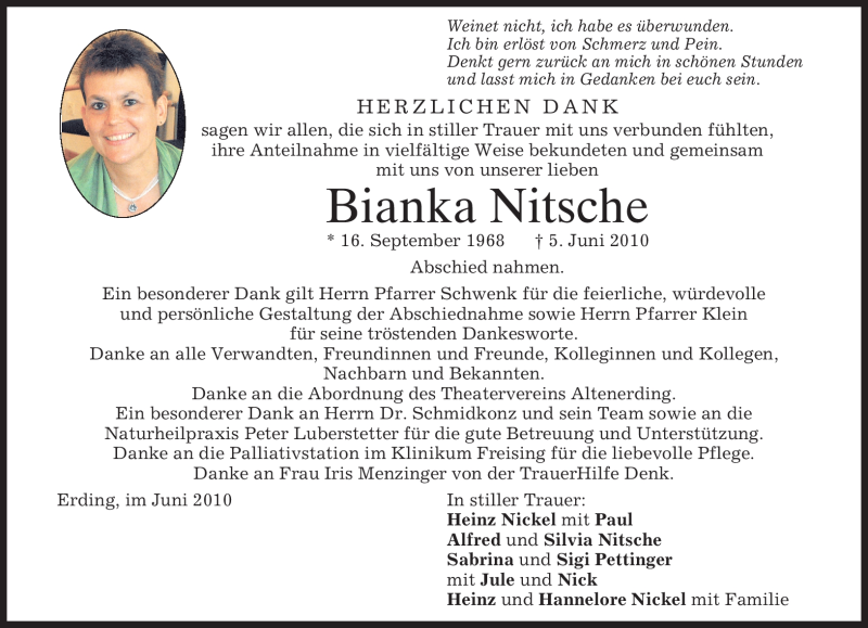 Traueranzeige für Bianka Nitsche vom 19.06.2010 aus MERKUR & TZ