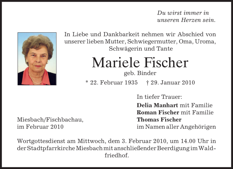  Traueranzeige für Mariele Fischer vom 01.02.2010 aus MERKUR & TZ