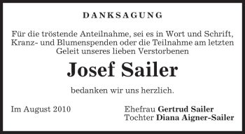 Traueranzeige von Josef Sailer von MERKUR & TZ