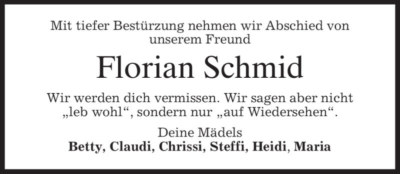  Traueranzeige für Florian Schmid vom 17.08.2009 aus MERKUR & TZ