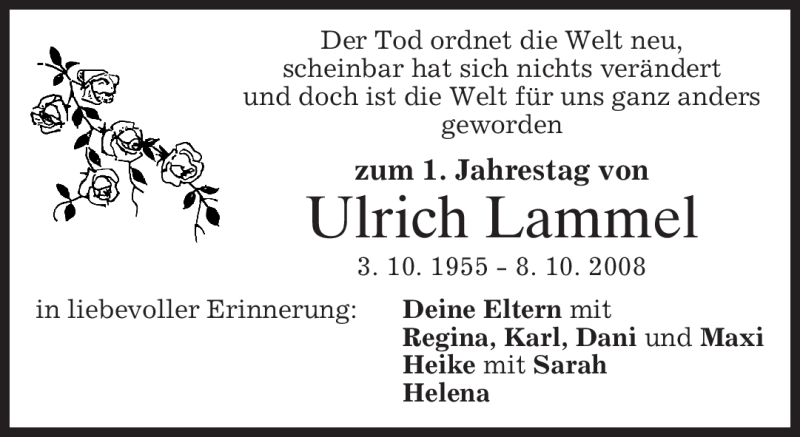  Traueranzeige für Ulrich Lammel vom 08.10.2009 aus MERKUR & TZ