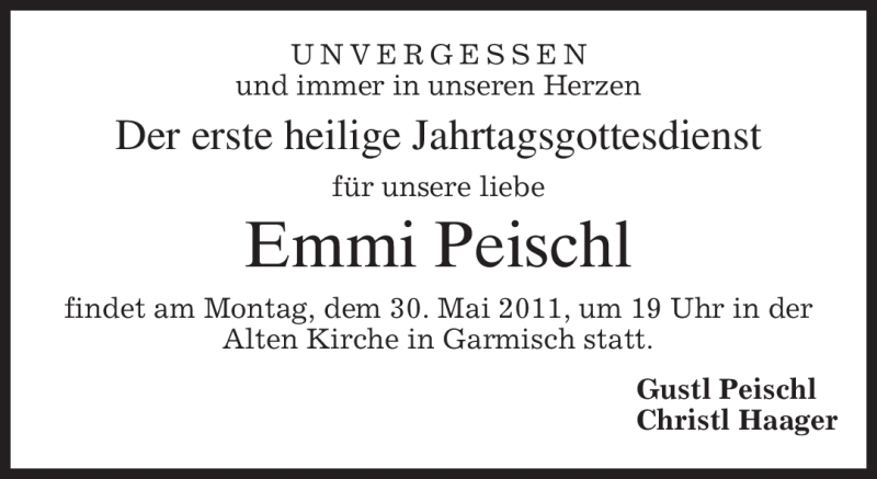  Traueranzeige für Emmi Peischl vom 28.05.2011 aus MERKUR & TZ