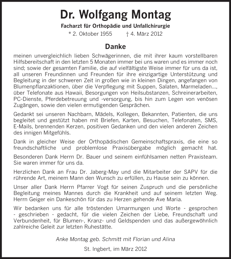  Traueranzeige für Wolfgang Montag vom 24.03.2012 aus MERKUR & TZ