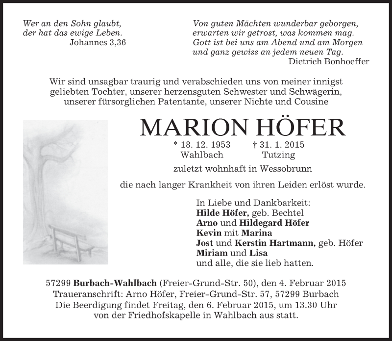  Traueranzeige für Marion Höfer vom 04.02.2015 aus merkurtz