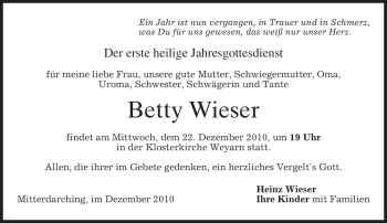 Traueranzeige von Betty Wieser von MERKUR & TZ