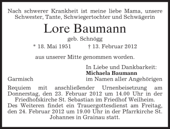 Traueranzeige von Lore Baumann von MERKUR & TZ
