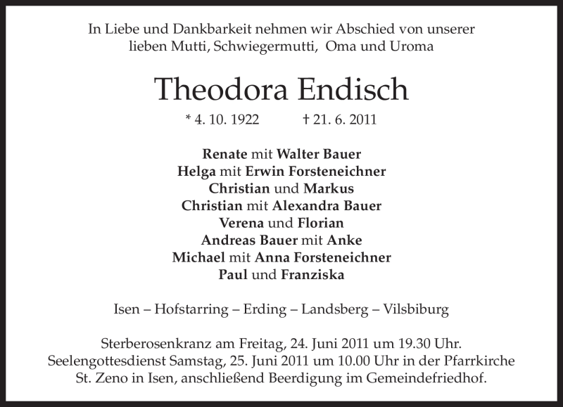  Traueranzeige für Theodora Endisch vom 24.06.2011 aus MERKUR & TZ