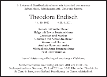 Traueranzeige von Theodora Endisch von MERKUR & TZ