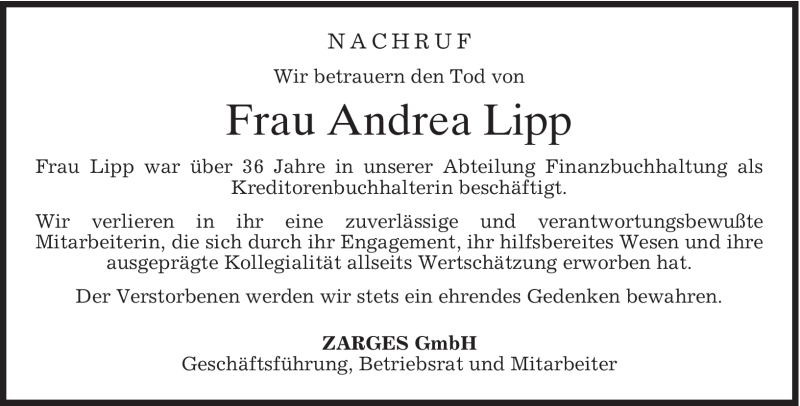  Traueranzeige für Andrea Lipp vom 07.02.2009 aus MERKUR & TZ