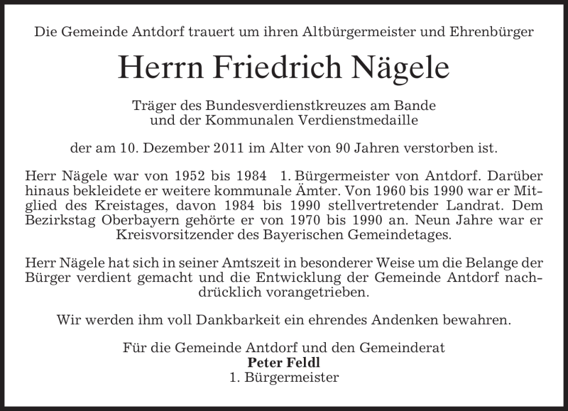  Traueranzeige für Friedrich Nägele vom 13.12.2011 aus MERKUR & TZ