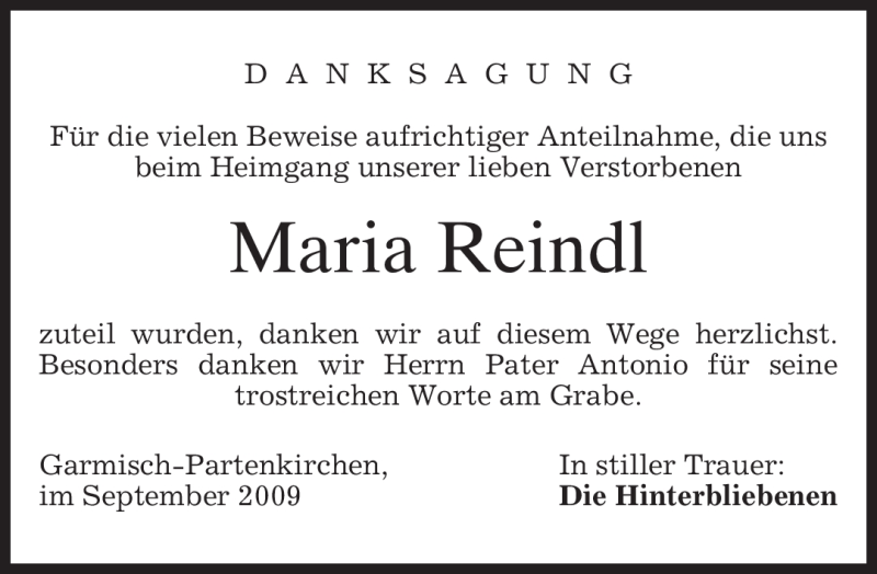  Traueranzeige für Maria Reindl vom 05.09.2009 aus MERKUR & TZ