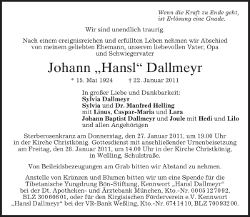 Traueranzeige von Johann Dallmeyr von MERKUR & TZ