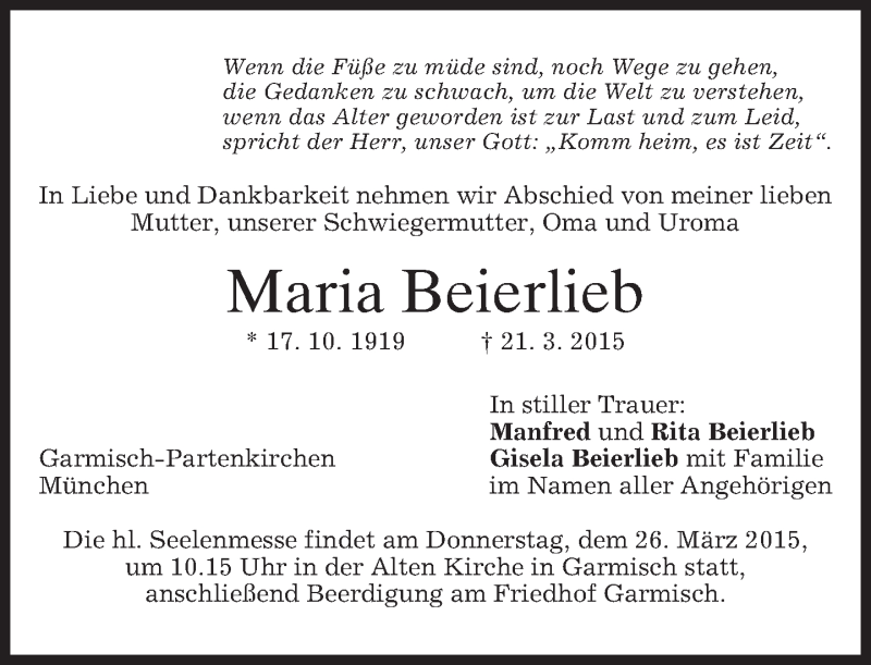  Traueranzeige für Maria Beierlieb vom 24.03.2015 aus merkurtz