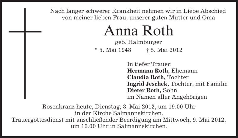  Traueranzeige für Anna Roth vom 08.05.2012 aus MERKUR & TZ