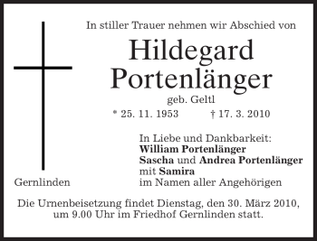 Traueranzeige von Hildegard Portenlänger von MERKUR & TZ