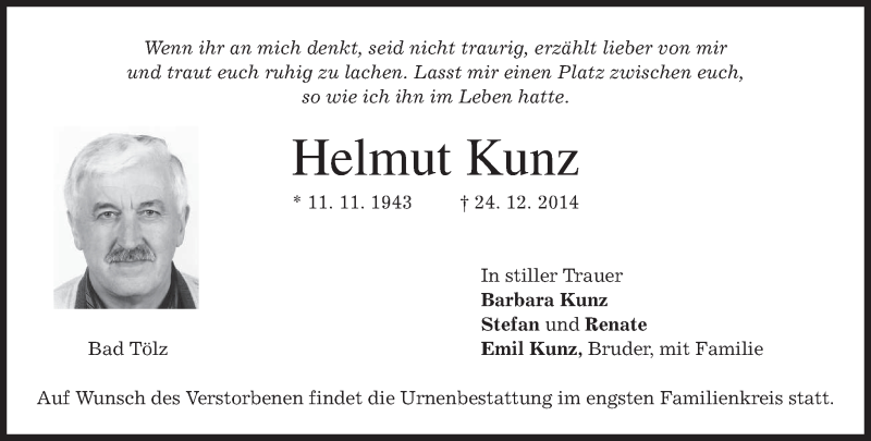  Traueranzeige für Helmut Kunz vom 30.12.2014 aus merkurtz