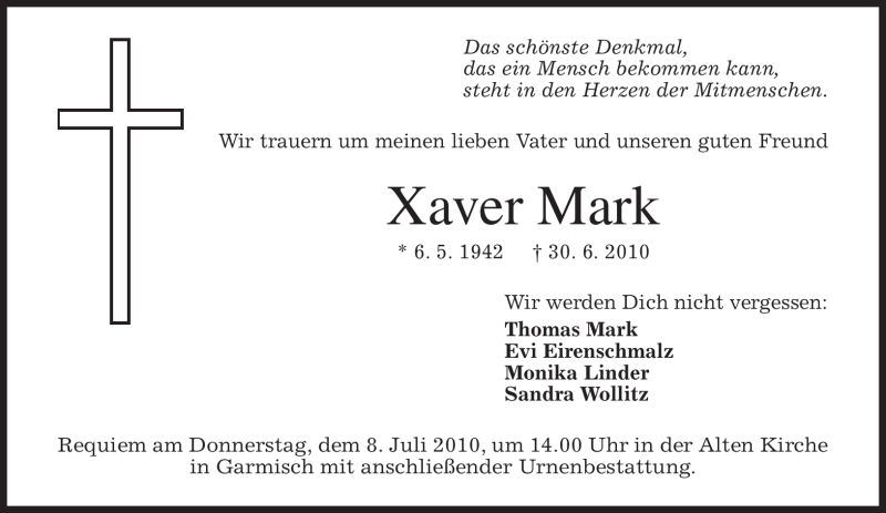  Traueranzeige für Xaver Mark vom 05.07.2010 aus MERKUR & TZ