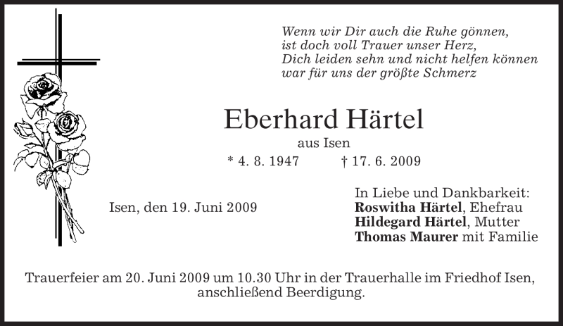  Traueranzeige für Eberhard Härtel vom 19.06.2009 aus MERKUR & TZ