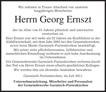 Traueranzeige von Georg Ernszt von MERKUR & TZ
