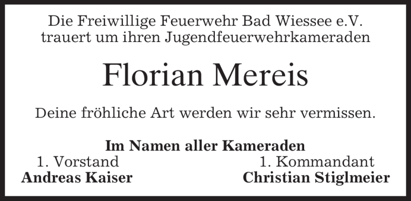  Traueranzeige für Florian Mereis vom 16.04.2009 aus MERKUR & TZ