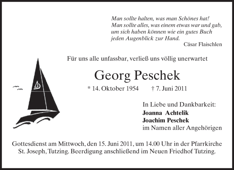  Traueranzeige für Georg Peschek vom 14.06.2011 aus MERKUR & TZ