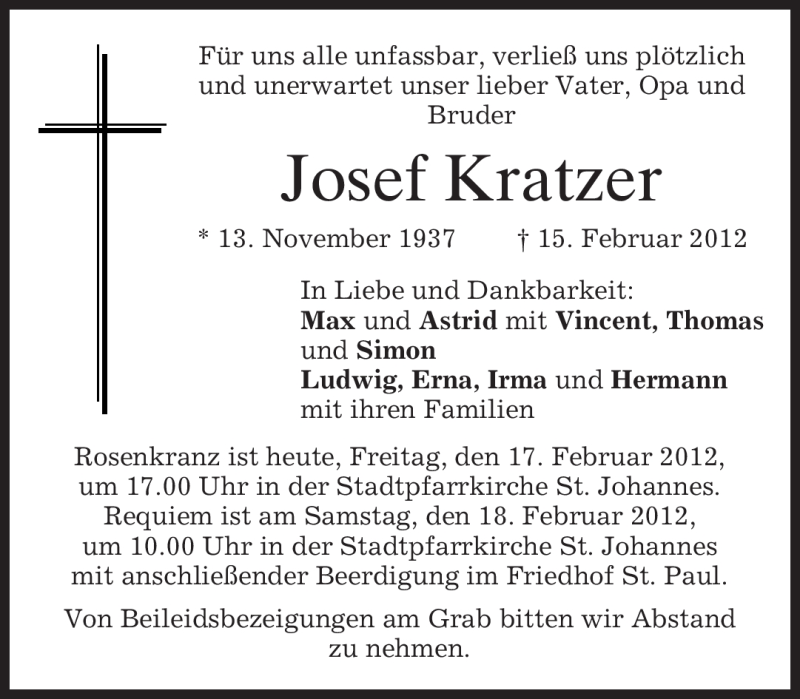  Traueranzeige für Josef Kratzer vom 17.02.2012 aus MERKUR & TZ