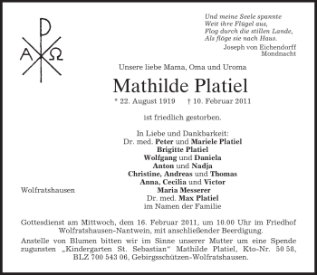 Traueranzeige von Mathilde Platiel von MERKUR & TZ